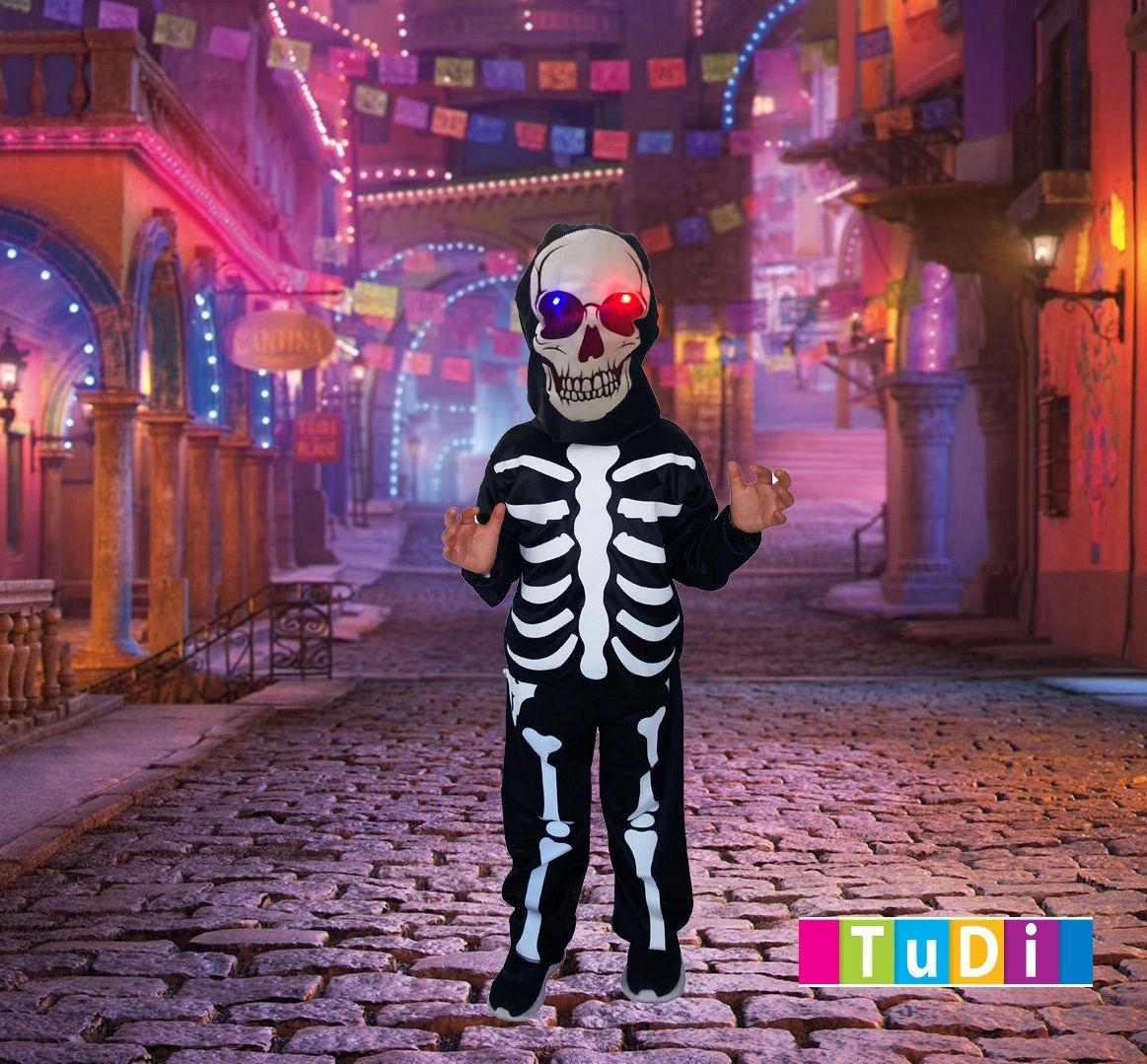 Disfraz Calaca Muerte Esqueleto Ojos Luz Halloween - Modelo Niño 014