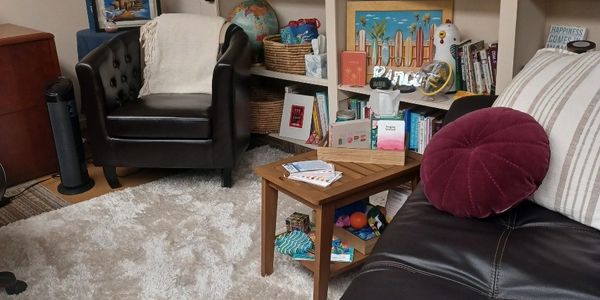 Cozy living room with leather furniture, bookshelves, and decorative accents.