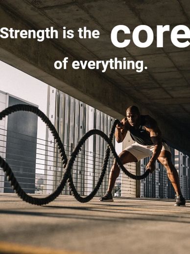 Man exercising with battle ropes and motivational quote.