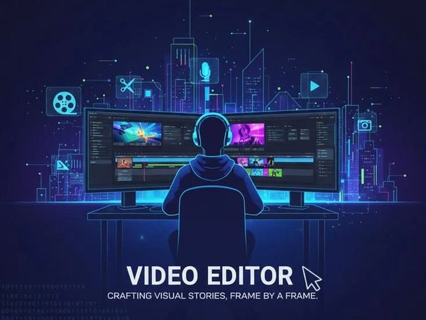Digital video editor working on dual monitors with multimedia icons.