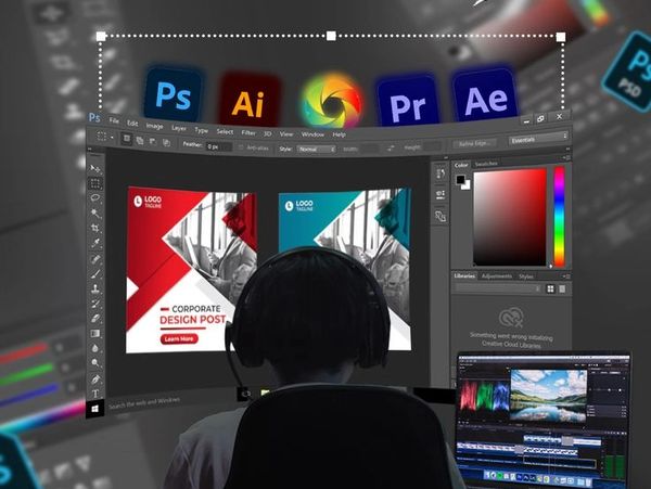 Person working on graphic design and video editing software.