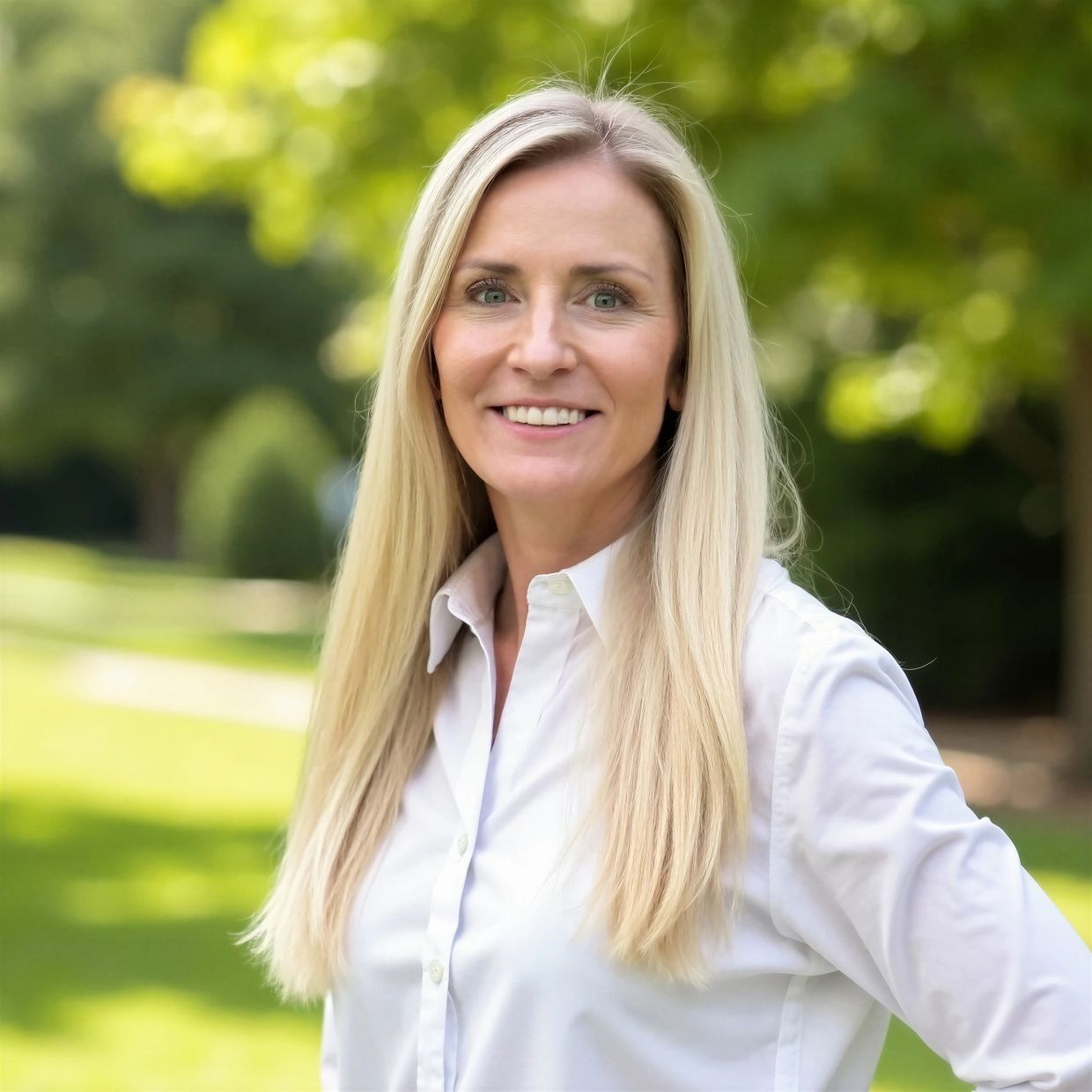 Smiling blonde woman outdoors with green background.