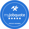Blue circular badge for myjobquote proud member.