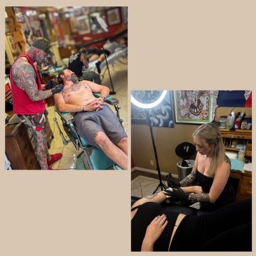 Tattoo artists working on clients in a colorful studio.