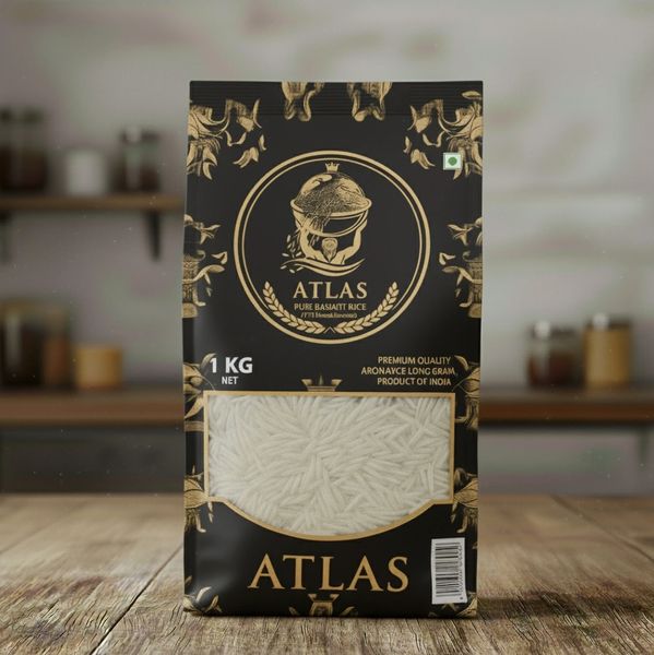 A 1 kg pack of Atlas pure basmati rice with elegant black and gold packaging.
