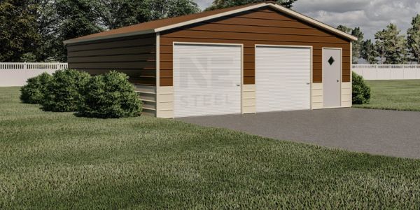 A brown steel garage with two roll-up doors and a side entrance door.