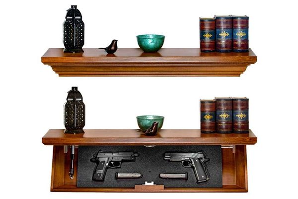 Wooden shelf with decorative items and hidden compartment containing two handguns.