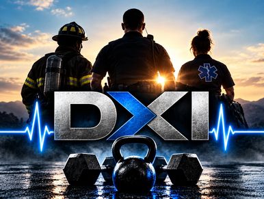 Three first responders with DXI logo and workout equipment.