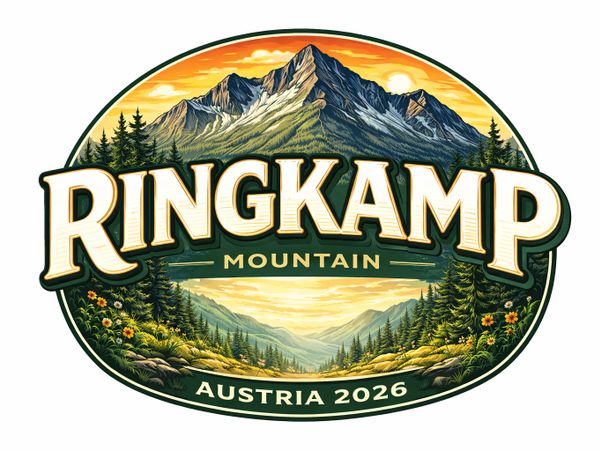 Logo featuring Ringkamp Mountain in Austria with scenic mountain and forest view.