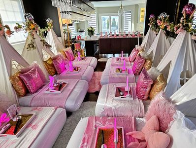Sparkle and glam teepee sleepover setup for a girls birthday party in Wynantskill, NY
