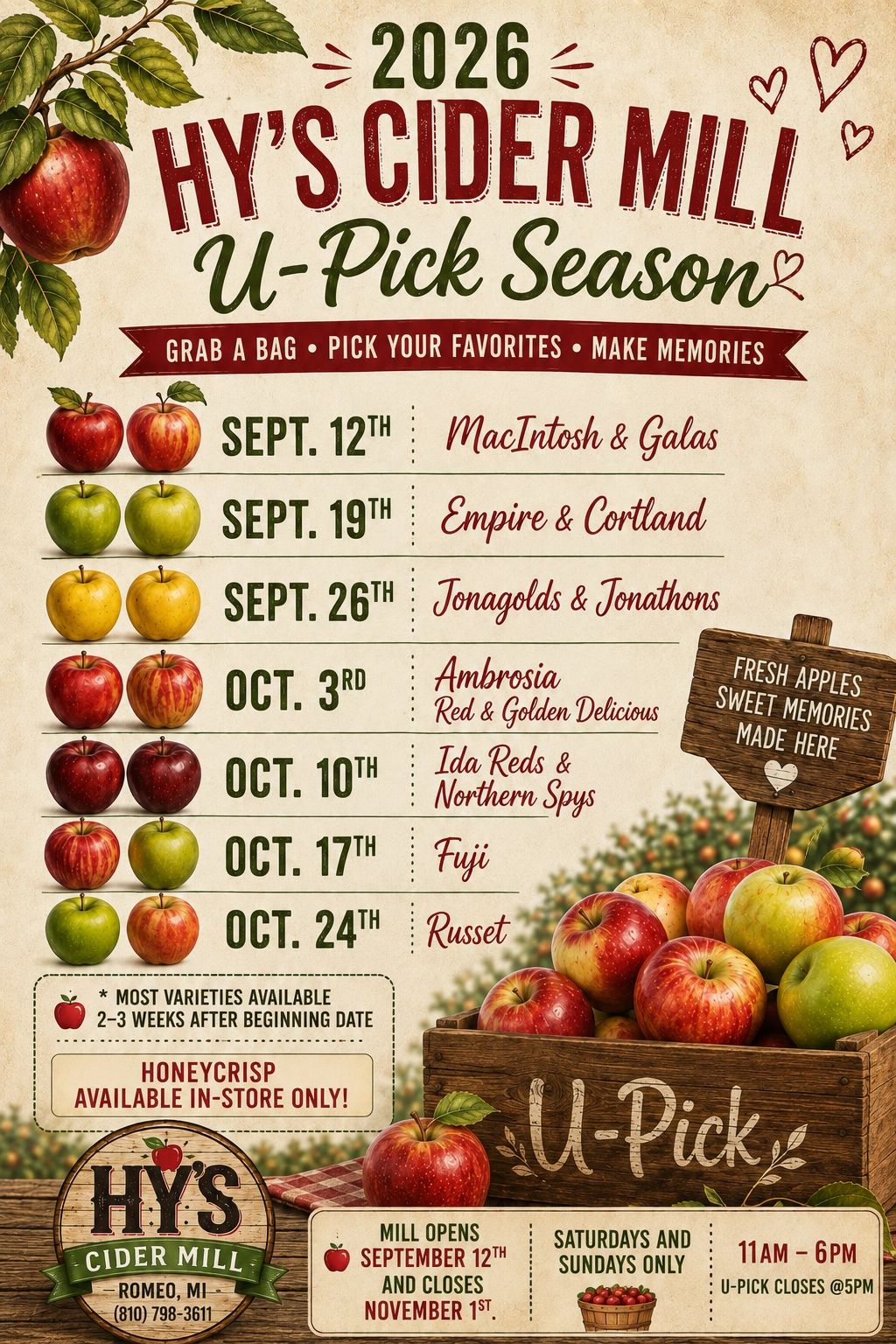 2026 Hy's Cider Mill U-Pick apple season schedule with dates and varieties.