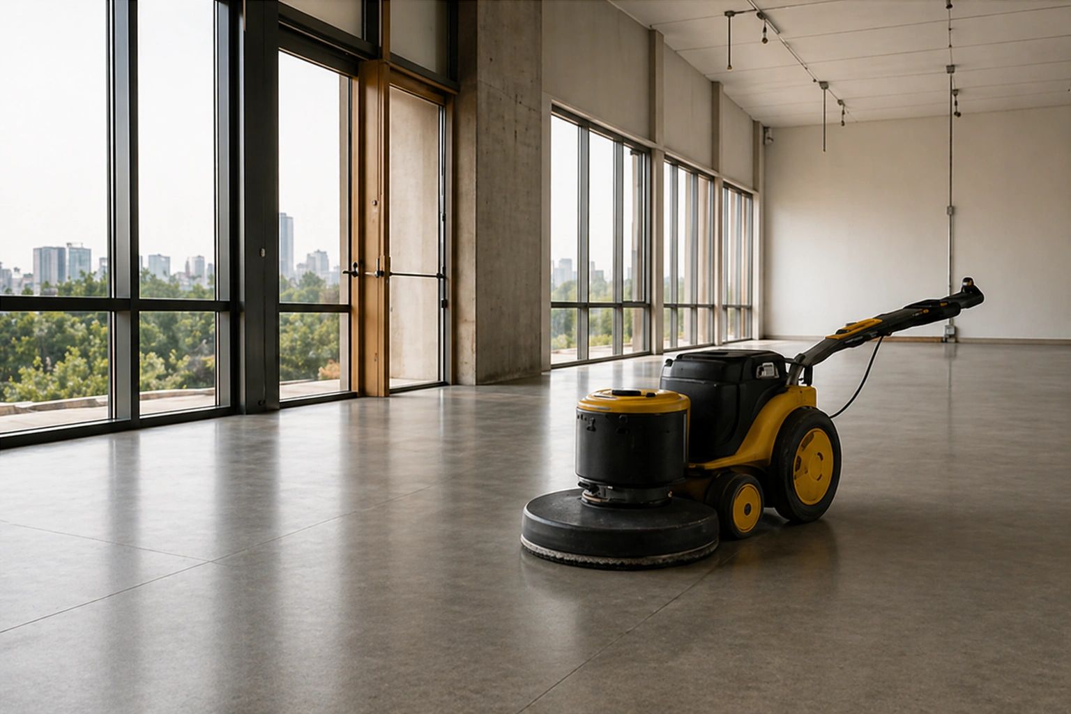 A floor cleaning machine in a spacious, empty room with large windows.