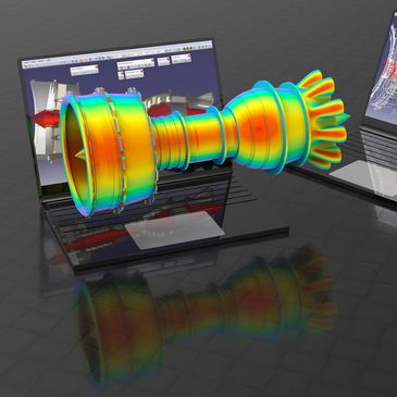 3D model of a turbine engine displayed on a laptop screen.