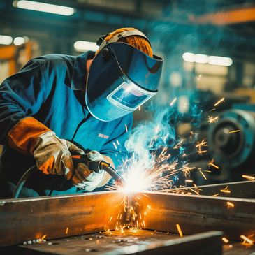 Welder in protective gear working on metal with sparks flying.