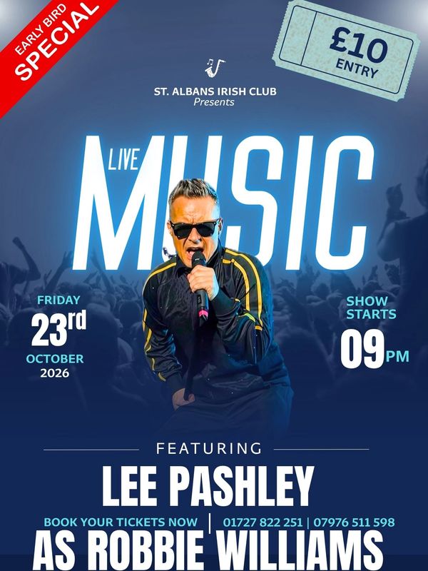 Live music event featuring Lee Pashley as Robbie Williams on October 23, 2026.