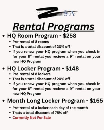 Rental programs with discounts and details for rooms and lockers.