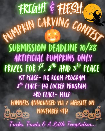 Fright &amp; Flesh Pumpkin Carving Contest poster with deadlines and prizes.