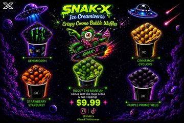 Colorful cosmic-themed bubble waffles with unique flavors and prices.