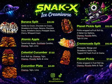 Colorful space-themed ice cream menu with creative dessert names and toppings.