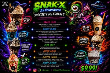 Colorful menu showcasing specialty milkshakes in a cosmic theme.
