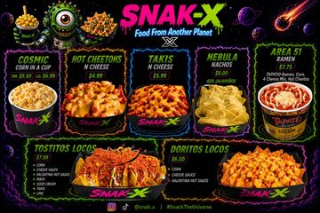 SNAK-X menu with cosmic corn, cheesy Hot Cheetos, Takis, nachos, ramen, and loaded nachos.