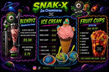 Snak-X Ice Creamiverse menu with blended ice cream, scoops, and fruit cups.
