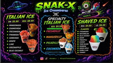 Colorful menu of Snak-X Ice Creamiverse featuring Italian Ice, Specialty Italian Ice, and Shaved Ice.