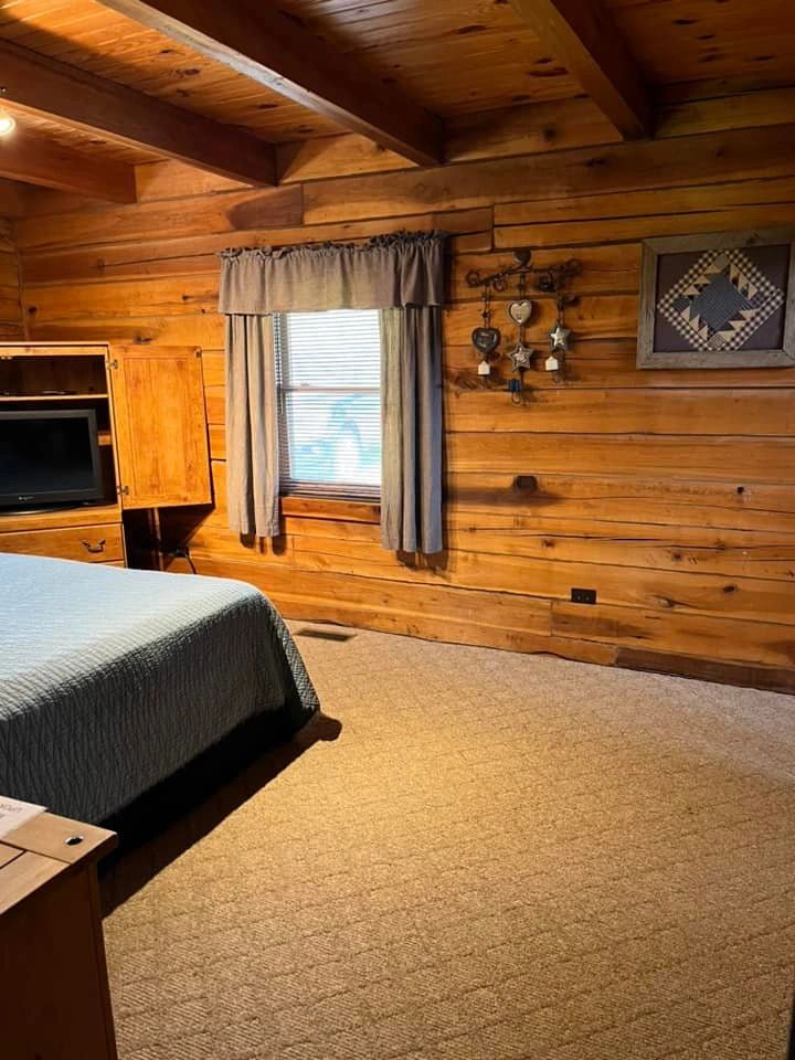 A log cabin-style hotel room with a bed, TV, and wooden walls.