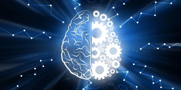 Half brain, half gears symbolizing artificial intelligence and human cognition.