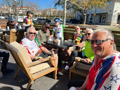 Old Kranks bicycle club members socializing at Gelson's in Westlake Village after a bicycle ride