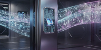 Futuristic data streams flow through a high-tech server room.