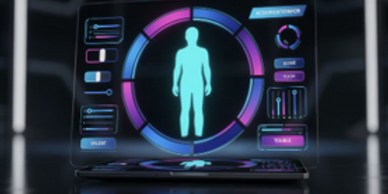 Futuristic digital interface displaying a human silhouette and biometric data.