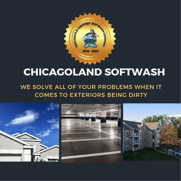 Chicago-based exterior cleaning service advertisement with images of clean buildings and parking areas.