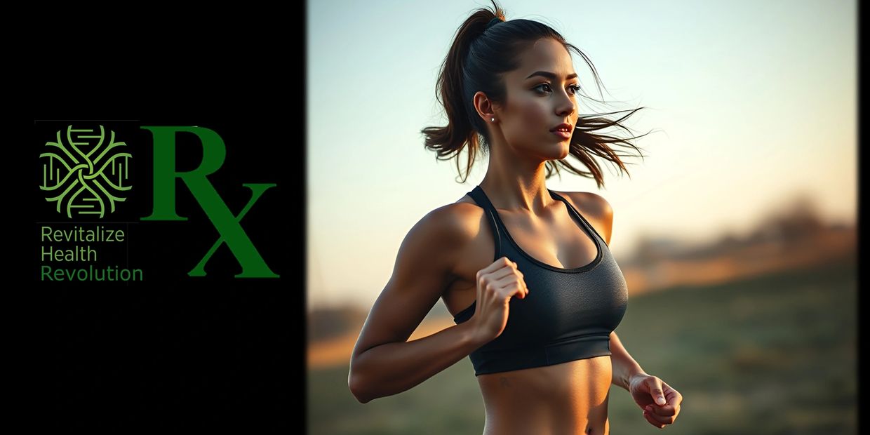 Fit woman jogging outdoors with Revitalize Health Revolution logo.