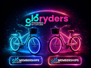 Gloryders bike membership advertisement with neon blue and pink colors.