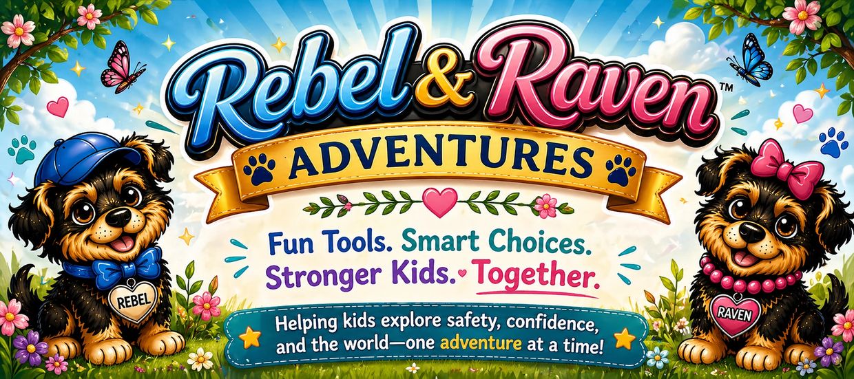 Colorful kids' adventure banner featuring two cute puppies named Rebel and Raven.