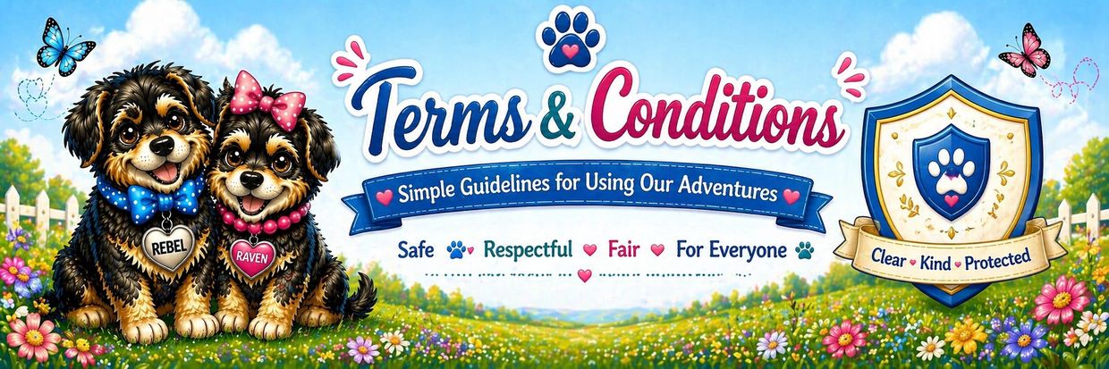 Cute puppies Rebel and Raven with colorful terms and conditions banner.