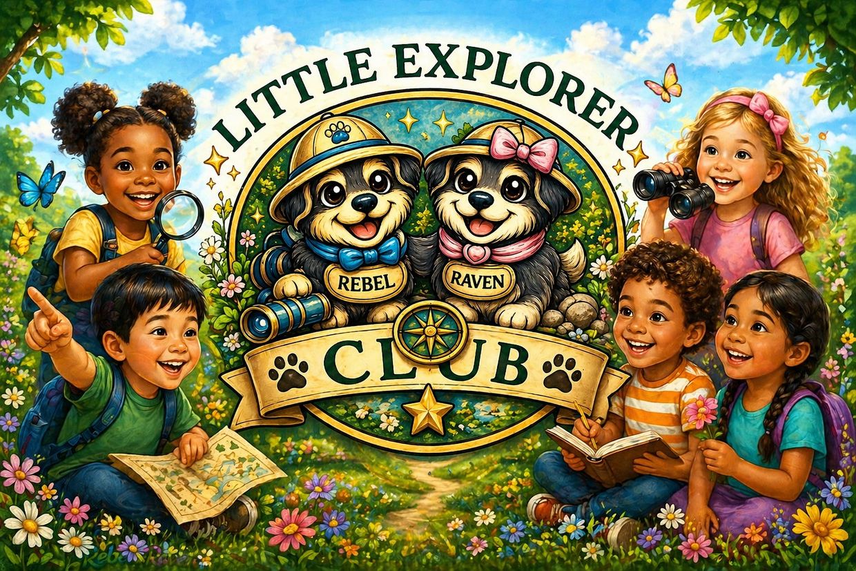Happy kids exploring nature in the Little Explorer Club with two cute puppies named Rebel and Raven.