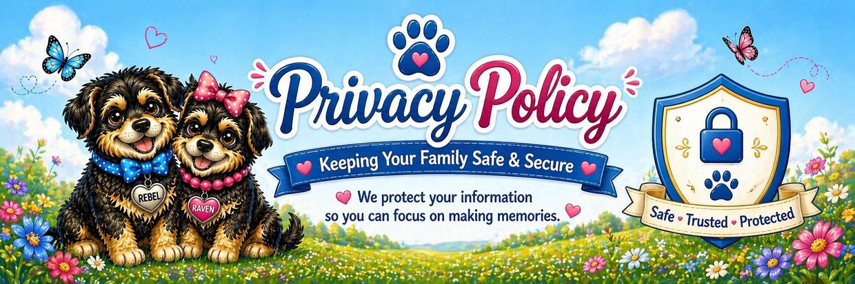 Cute puppies with privacy policy message about family safety and data protection.