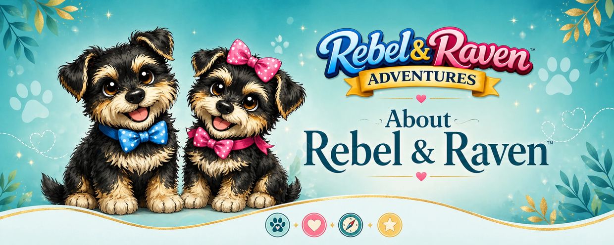 Two adorable puppies with bows introducing Rebel &amp; Raven Adventures.