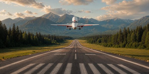 Airplane taking off from a runway surrounded by mountains and forest.