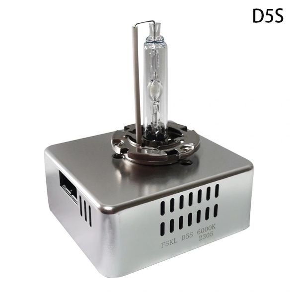 A D5S automotive HID headlight bulb with a metallic base and glass tube.