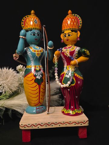A vivid wooden tableau from Kondapalli artisans, depicting the divine wedding of Lord Rama and Seeth