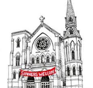Black and white church sketch with a red banner saying 'Sinners Welcome'.