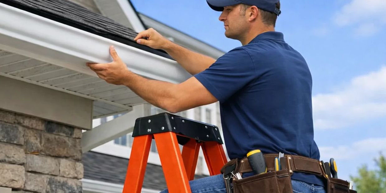 A seamless gutter installation on a Texas home, with bright sun, wide eaves, and regional landscapin