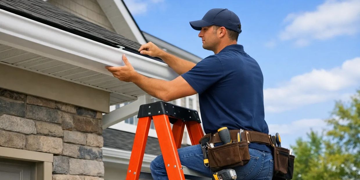 Man in blue uniform installing a gutter on a house roof from a ladder.