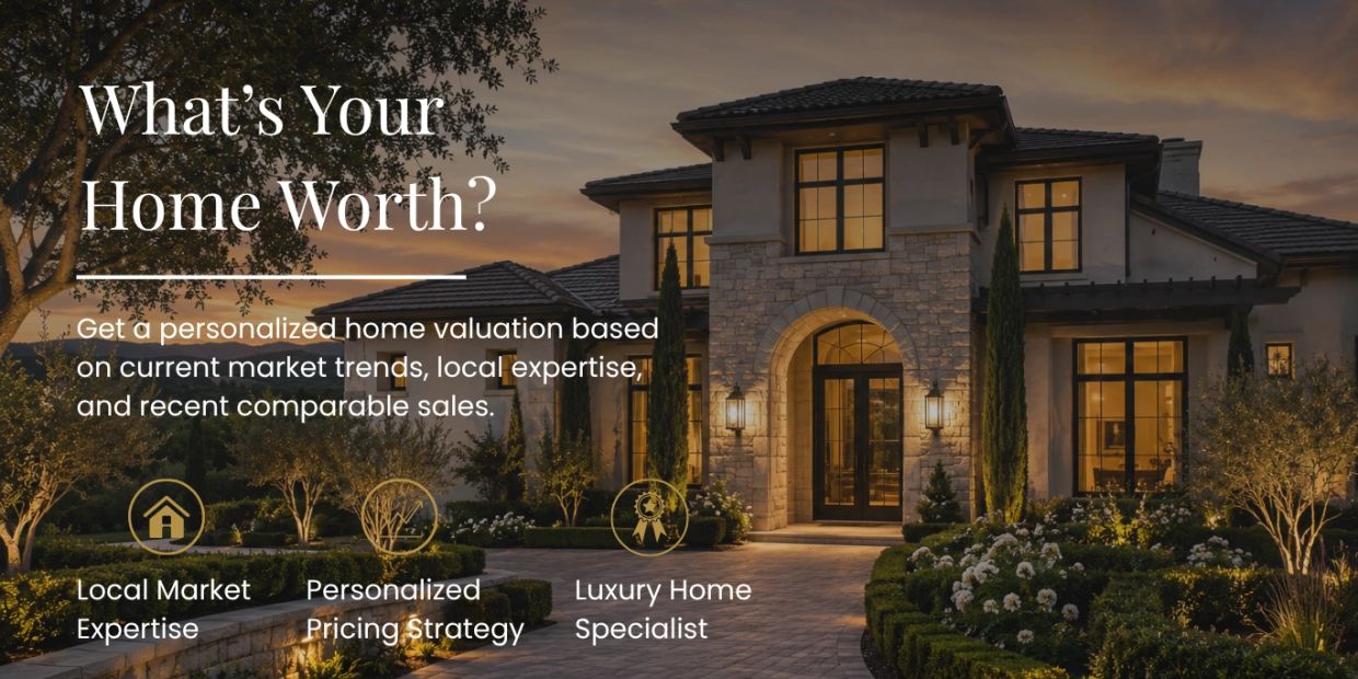 Elegant home exterior at sunset with real estate valuation offer text.