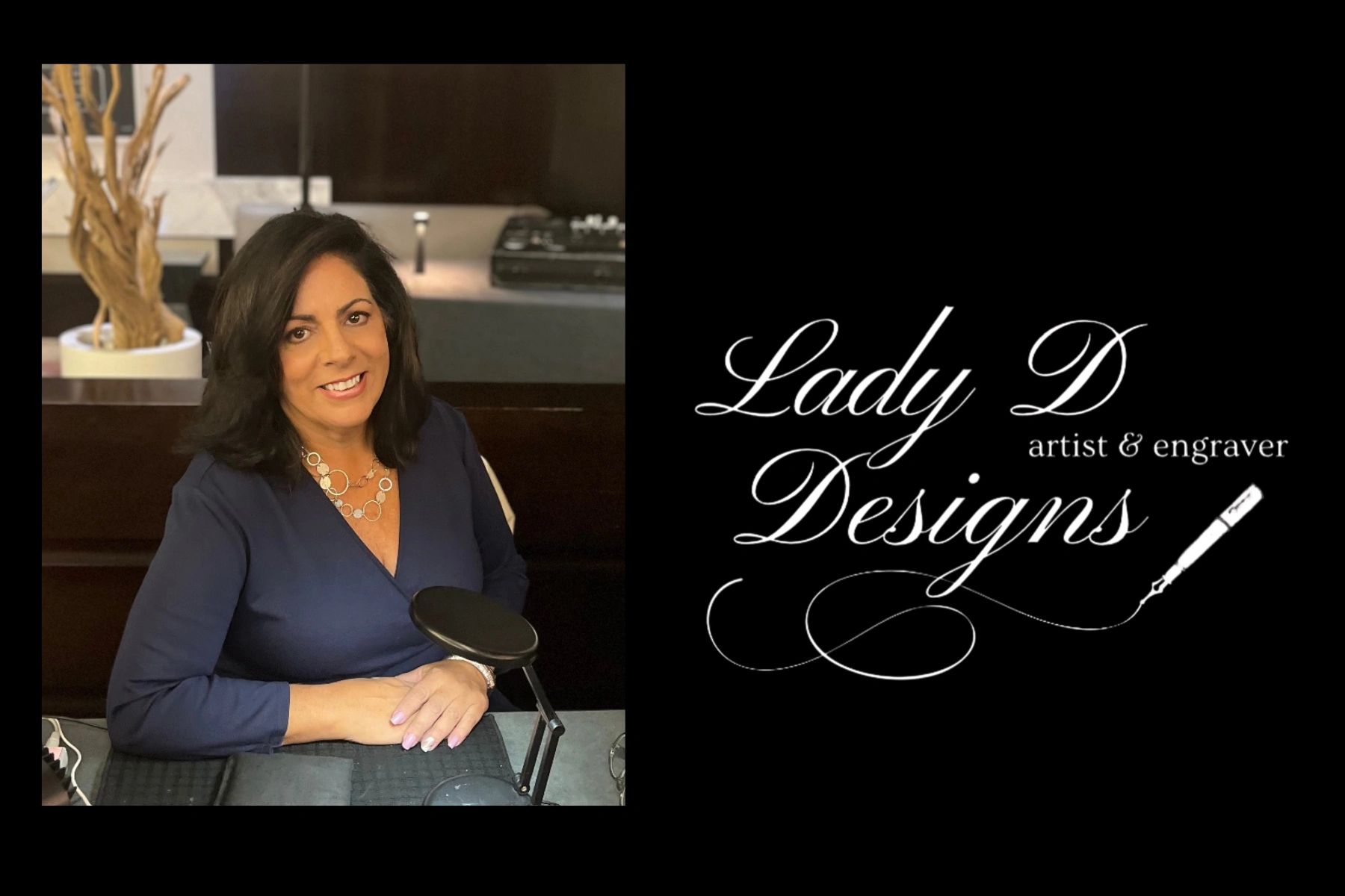 Woman smiling at a desk with Lady D Designs logo.
