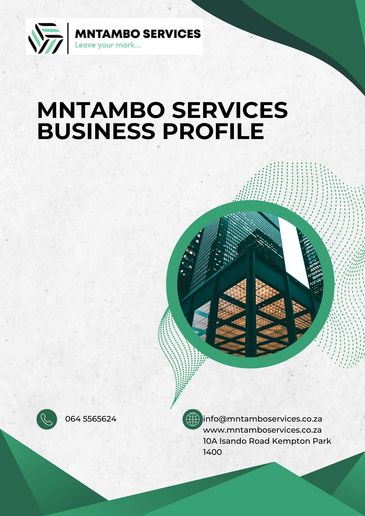 Business profile cover for MNTAMBO SERVICES with contact details and modern building image.