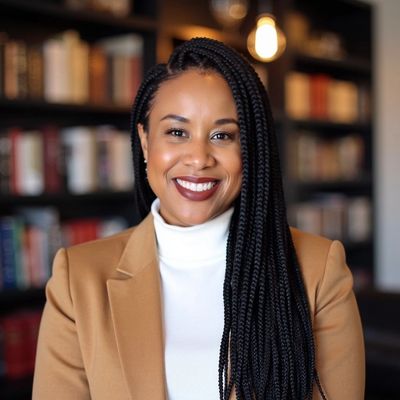 Smiling woman with long braids, wearing a tan blazer and white turtleneck in a cozy library setting.
